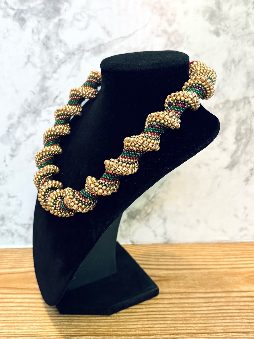 Vintage Handwoven Cellini Spiral Beaded Statement Necklace Gold Green Red